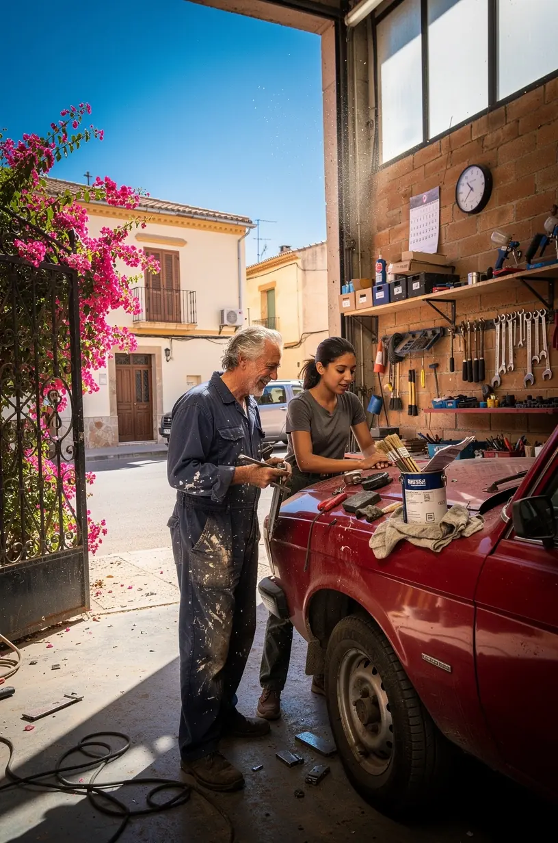 Profesionales especializados aplicando pintura automotriz con equipo moderno para restaurar la carrocería.