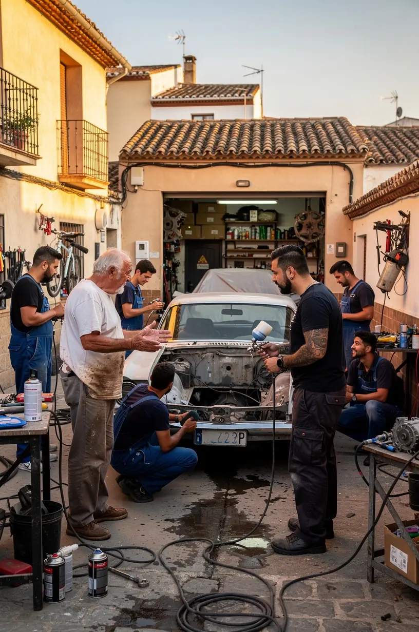 Proceso detallado de restauración de carrocería tras accidente, mostrando técnicas de alisado y preparación.