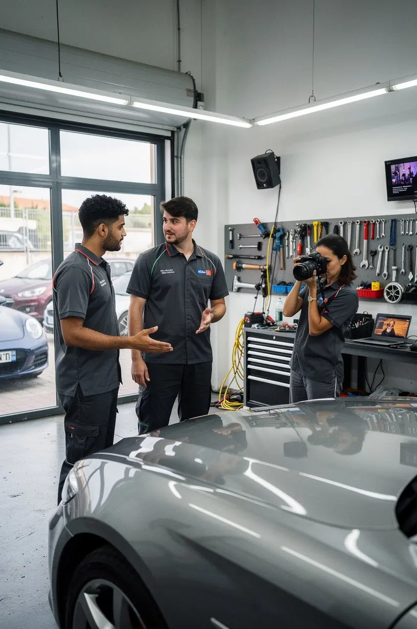Espacio de taller con herramientas y maquinaria para restauración completa de automóviles después de siniestros.